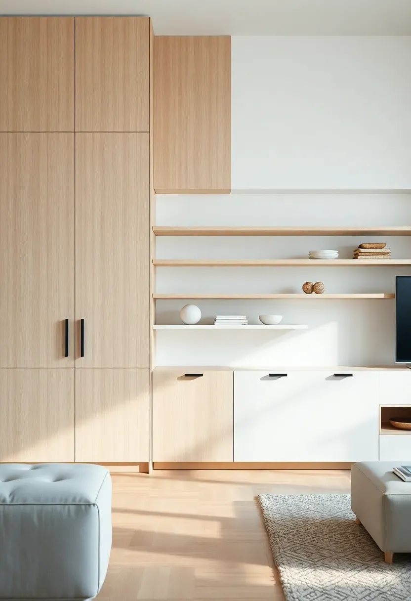 Hyper-realistic 3/4 view of a Nordic living room showing elegant storage solutions—floor-to-ceiling built-in cabinets with light birch wood fronts and push-latch hardware (no visible handles), floating wall shelves with hidden brackets, and a low media console with clean facades. Light wood floor, white walls. Materials: vertical grain birch cabinet fronts, matte white cabinet bodies, light oak flooring, minimal decorative objects on shelves. Natural daylight emphasizing clean uncluttered surfaces. Storage that feels like architecture not furniture. Hidden hardware for seamless appearance. Shallow depth of field showing storage units foreground with room context beyond. No text, no logos, no watermarks.</p>