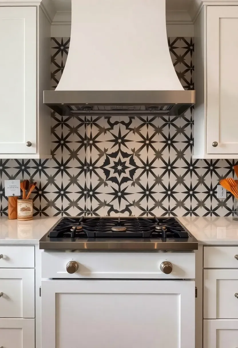bold black and white geometric encaustic cement tile backsplash behind range with simple white cabinets
