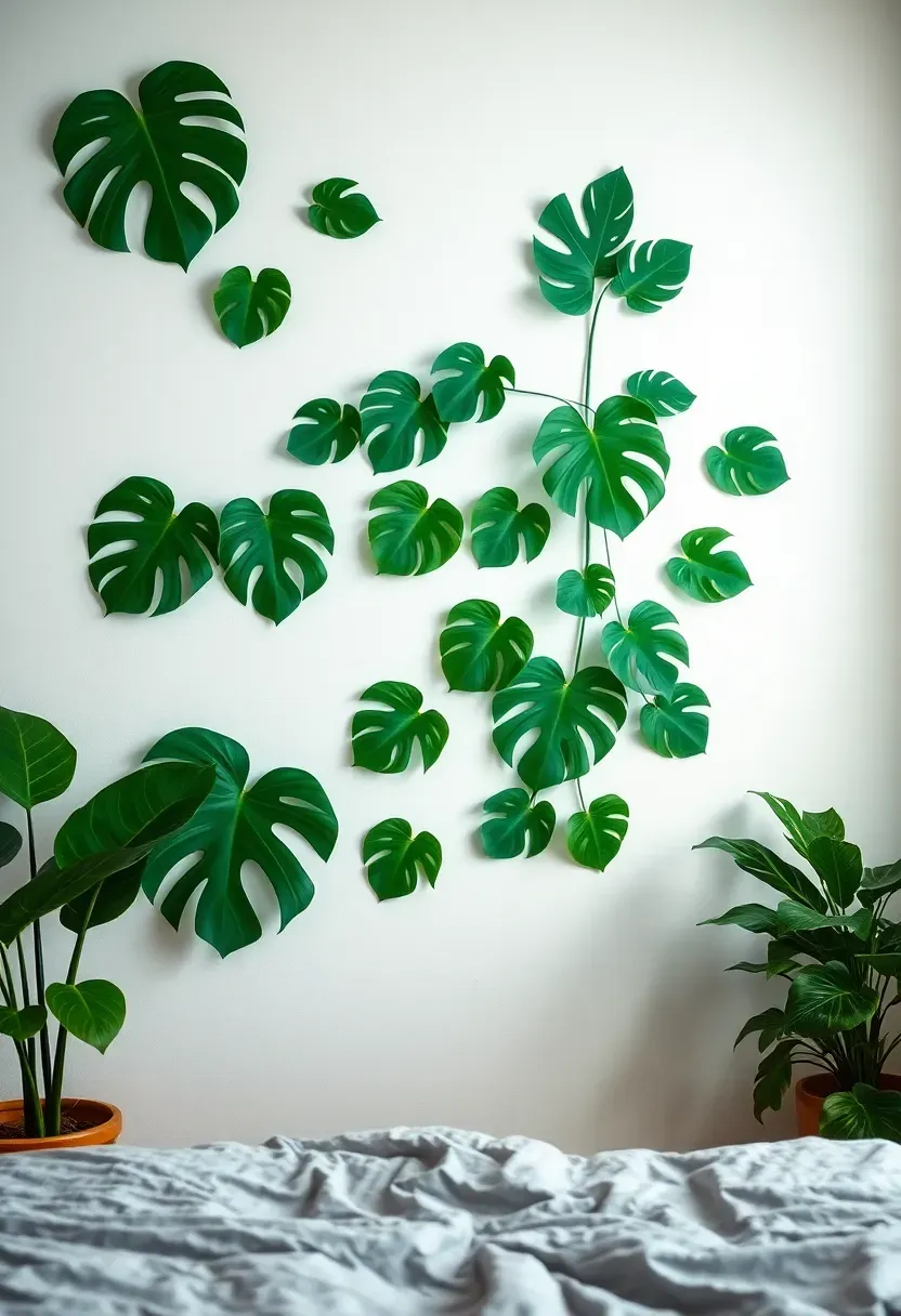 DIY vinyl wall decals with botanical leaf silhouettes on a white teen bedroom wall, removable Cricut-cut matte black designs