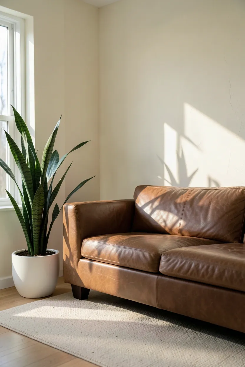Tall snake plant and pothos in terracotta pots beside a brown couch in a bright minimalist apartment living room