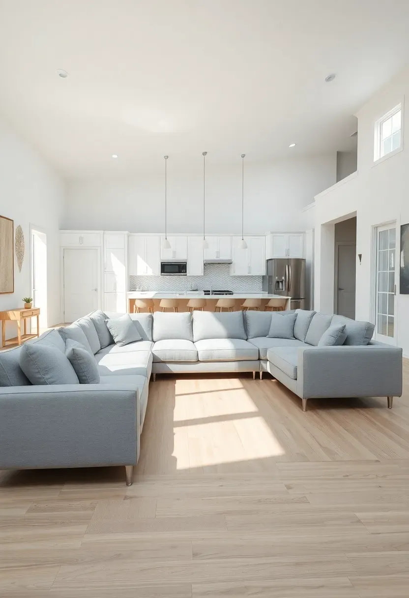 Hyper-realistic slightly elevated 3/4 view of open-concept living room with light gray L-shaped sectional sofa, floating placement not against walls, visible adjacent kitchen area with island, white oak flooring throughout. Materials: smooth gray upholstery, white kitchen cabinets, light oak floors, stainless steel appliances. Bright natural daylight from multiple directions (5500K), soft shadows, expansive airy feeling. Modern minimalist mood, shallow depth of field, sharp sofa details, open flow between spaces, no clutter, no text, no logos.</p>