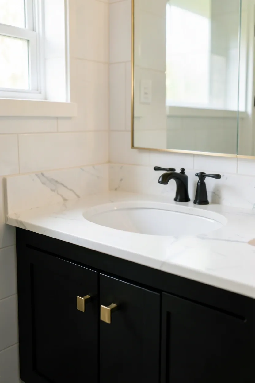 Black bathroom vanity cabinet paired with white quartz countertop — high-contrast budget bathroom design for renters