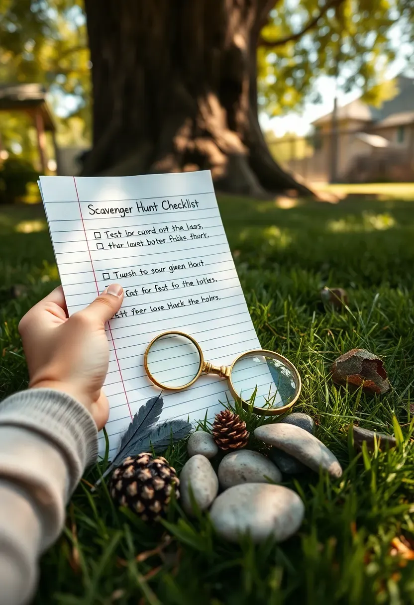 A child holding a handwritten scavenger hunt checklist in a backyard near a tree, with a magnifying glass and a small collection of pinecones and feathers on the grass