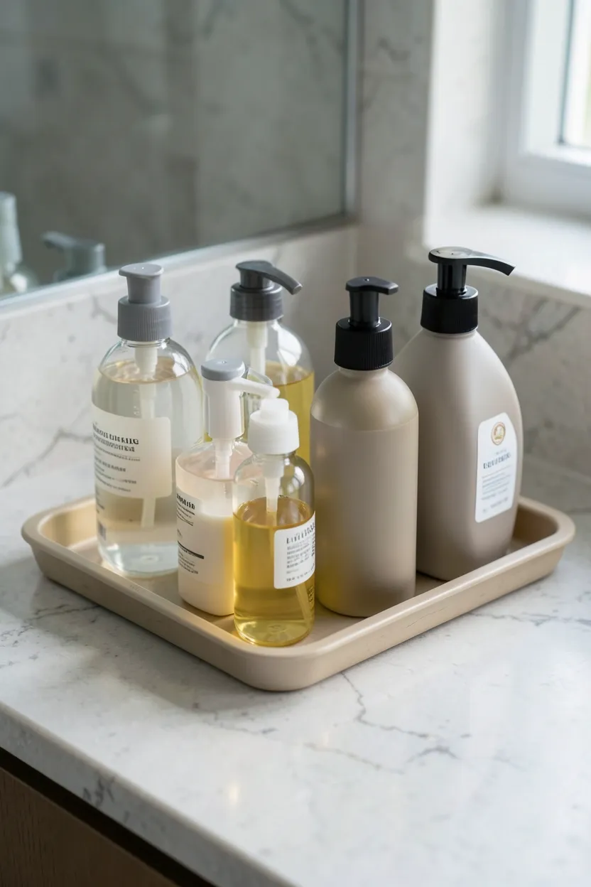 Warm LED strip lights installed under a bathroom vanity cabinet casting a soft glow on the countertop without wiring
