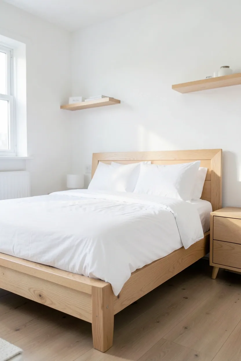 White bedroom with light oak bed frame, wooden floating nightstand, and jute rug — natural wood and white bedroom combination