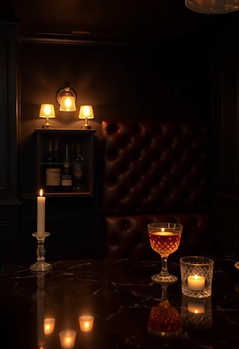 dark moody speakeasy style basement bar with black walls brass sconces tufted leather panel behind shelves and candlelight ambiance