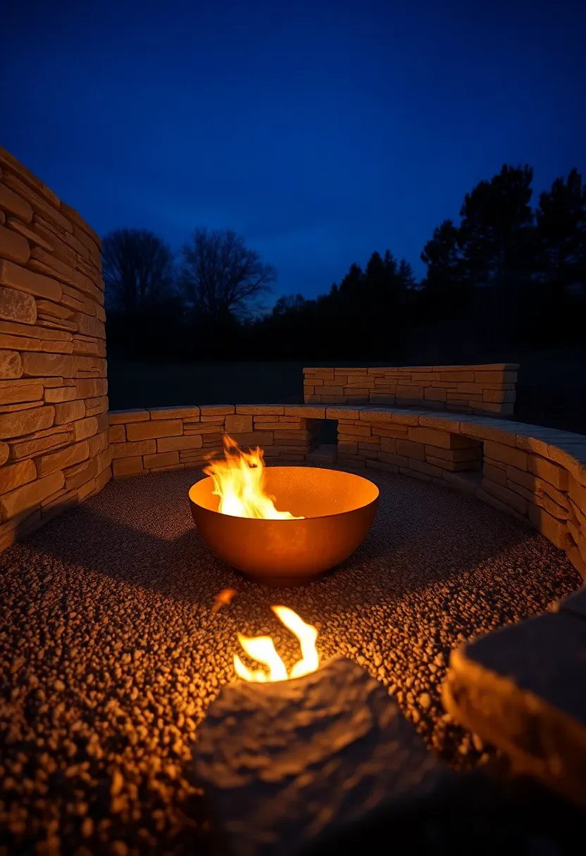 Sunken backyard fire bowl set into a gravel depression with built-in stone bench seating around the perimeter and warm flames at dusk