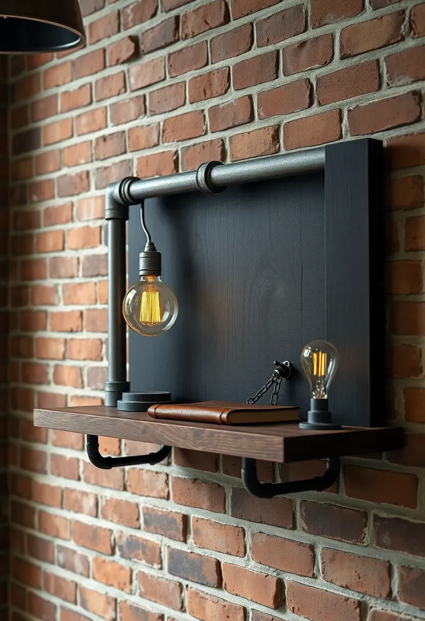 Industrial vintage wall shelf on exposed brick — raw steel pipe bracket with reclaimed dark oak plank holding a vintage Edison lamp, leather journal, cast iron bookend, and glass inkwell