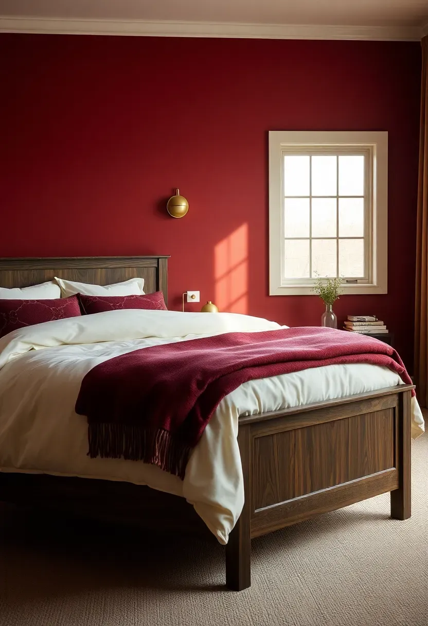 Burgundy feature wall with dark oak bed