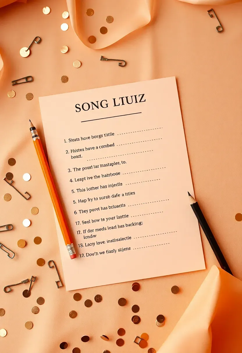 a printed song lyric fill in the blank quiz with a pencil on a decorated party table