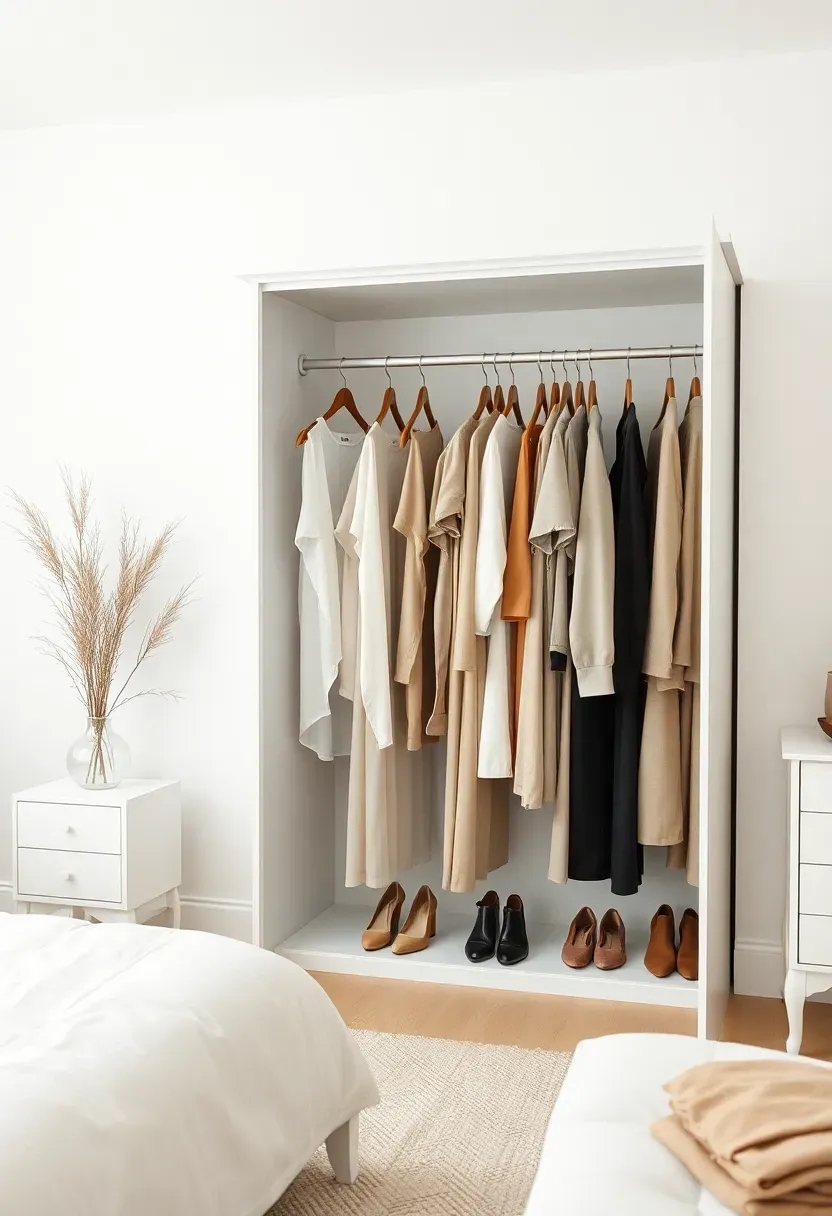 Hyper-realistic view of extreme minimalist capsule wardrobe. Small open closet or clothing rack showing 15-20 pieces maximum: neutral-colored tops and bottoms, one jacket, one coat, few shoes. Everything visible and accessible. No overstuffed drawers, no mismatched hangers. Neutral palette allowing all pieces to work together. Minimalist bedroom background with white walls and simple furniture. Wardrobe curation mood showing intentional selection where each piece earns its place through versatility and use.</p>