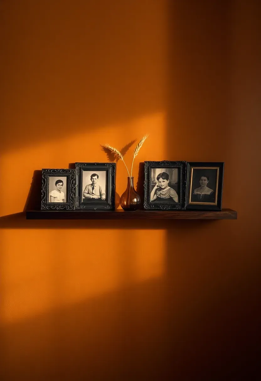 Sepia photography gallery shelf on tobacco brown wall — ebonized shelf with five small ornate dark-framed vintage portraits arranged at varying heights, with a single amber glass bud vase