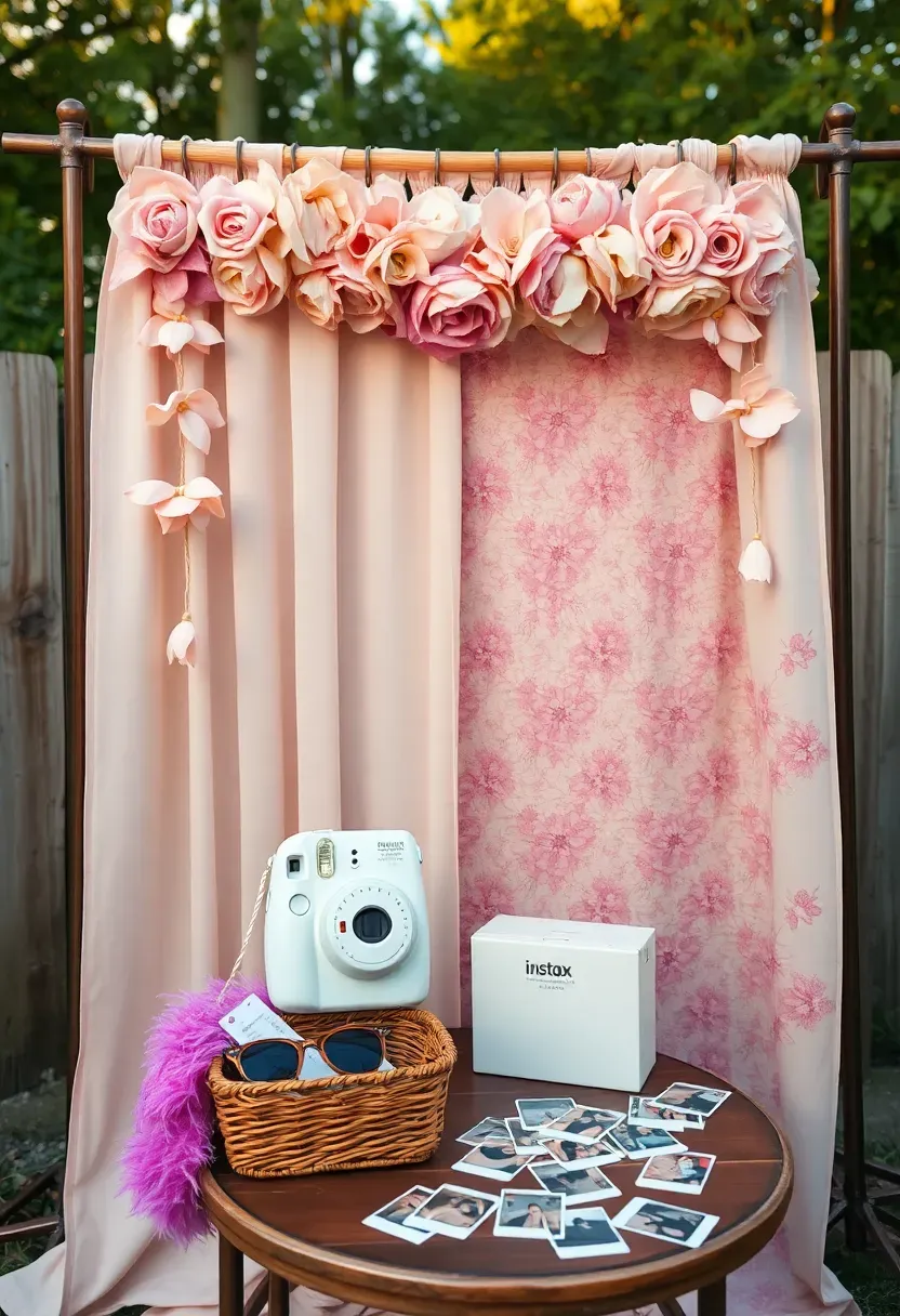 Photo booth corner with a floral backdrop, Polaroid camera on a tripod, and a table of fun props like hats and signs at a backyard sweet 16
