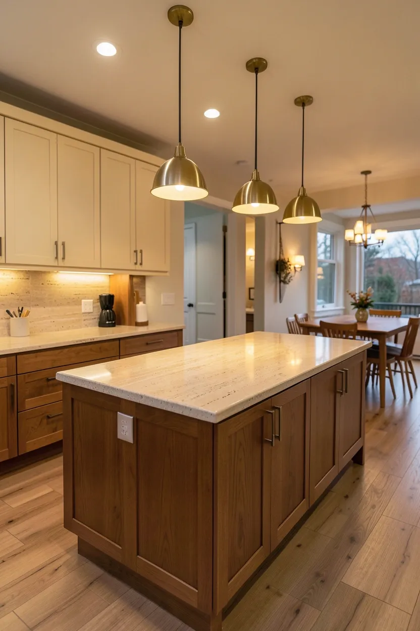 Hyper-realistic slightly elevated perspective of a fall kitchen with peninsula layout. Kitchen peninsula extends from warm walnut cabinetry, creating defined workspace and casual dining separation. Peninsula features honed travertine countertop in warm cream tones. Three warm brass pendant lights hang over peninsula for task lighting. Upper cabinets in warm cream line the space. Open flow to dining area visible beyond peninsula. Warm ambient lighting creates cohesive autumnal glow throughout. Visible natural wood grain and stone texture. No text, no logos, no watermarks.</p>
