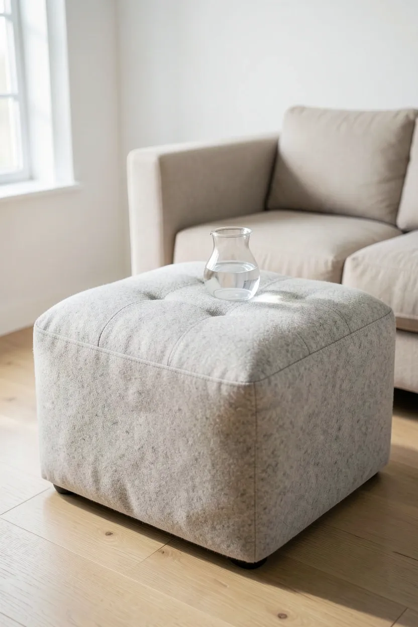 Neutral linen storage ottoman used as a coffee table in a cozy small Scandinavian living room rental apartment