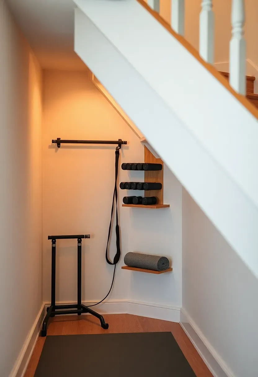 Under-stair hidden gym nook with tiered shelving for dumbbells and kettlebells, fold-down workout equipment, and warm task lighting