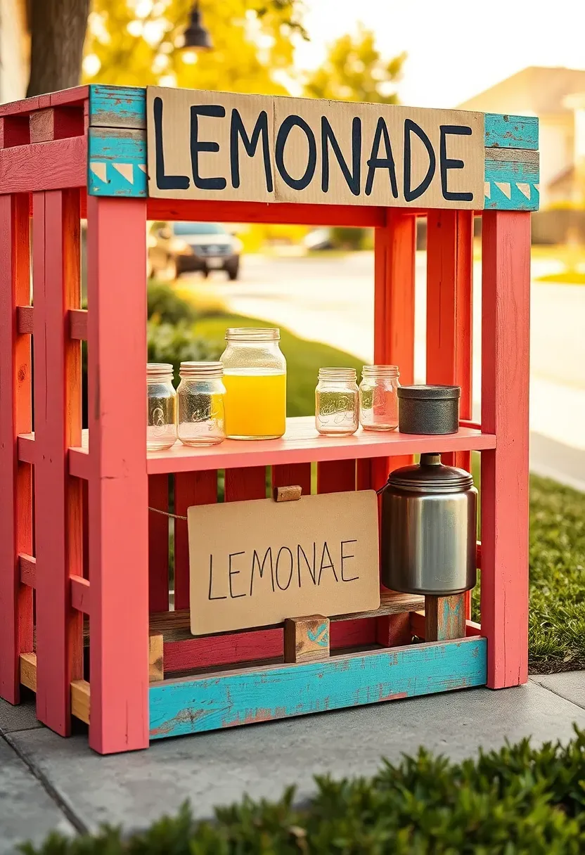 A kid-sized lemonade stand built from stacked wooden pallets, painted in bright colors, with a hand-lettered sign, mason jars, and a small cash box on the counter
