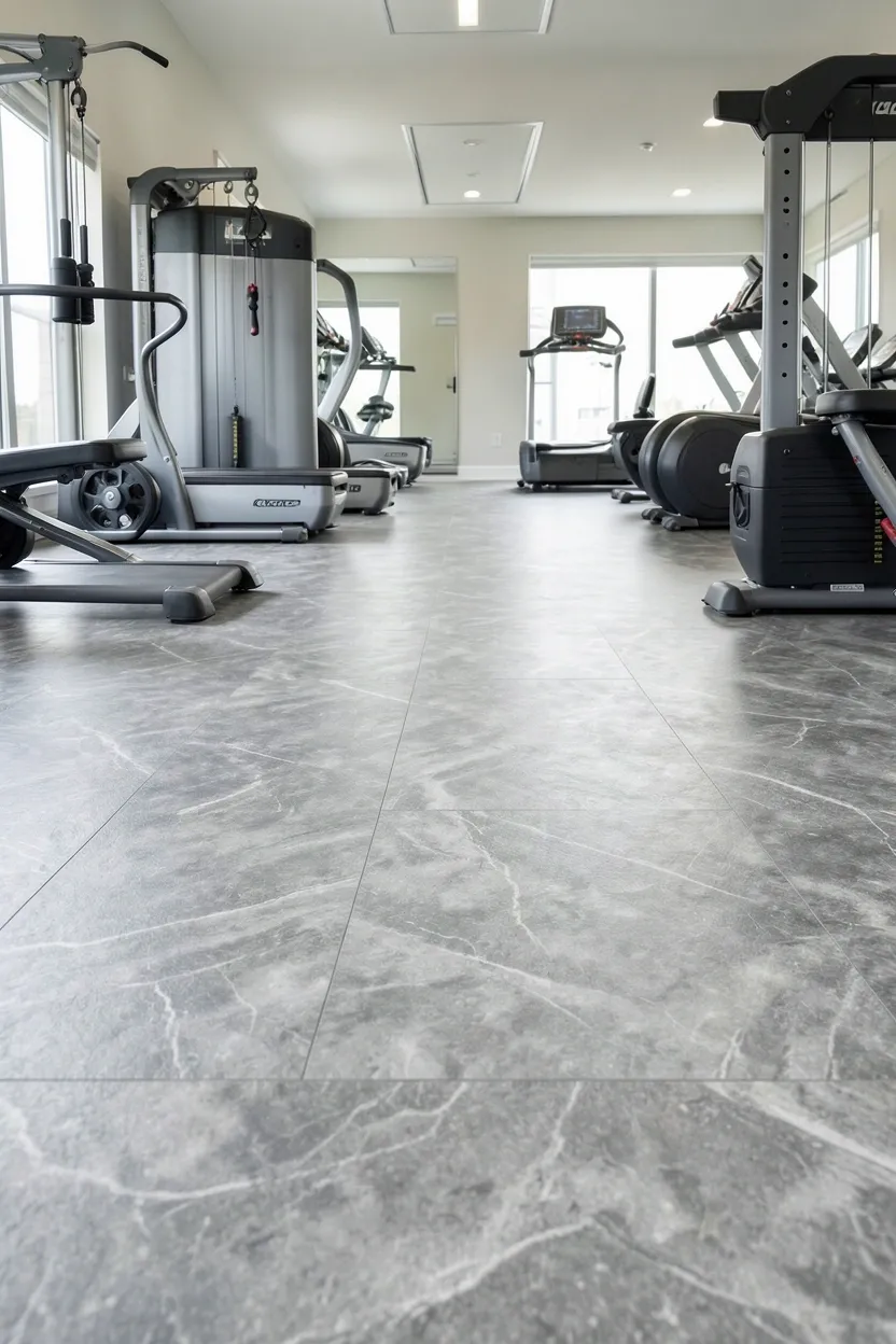 Seamless wood-look vinyl sheet flooring covering a basement home gym with cardio equipment