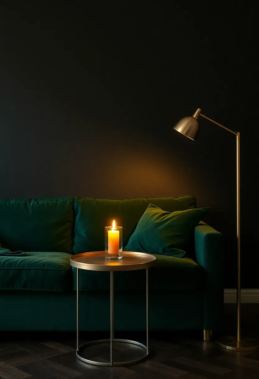 moody living room with black-green accent wall behind a dark velvet sofa with brass side table and ambient floor lamp