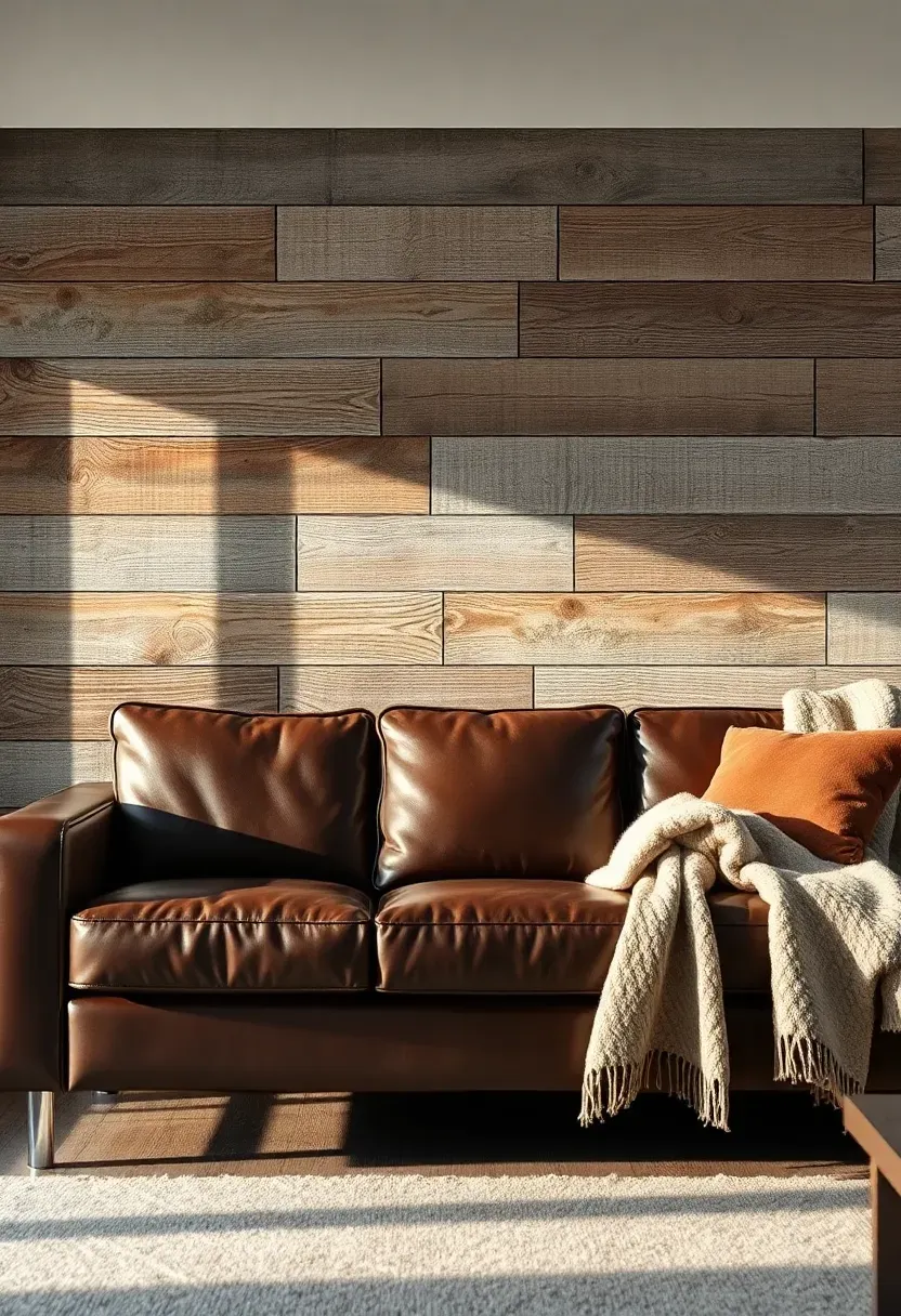 Rustic reclaimed wood accent wall with weathered barn wood planks in mixed gray and brown tones behind a modern leather sofa