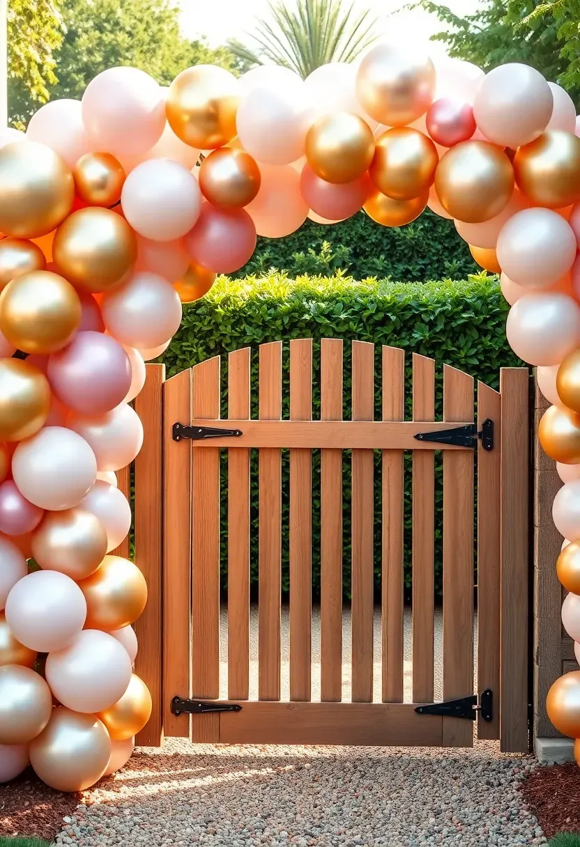 A colorful balloon garland arch in pink, gold, and white framing a backyard gate entrance for a birthday party