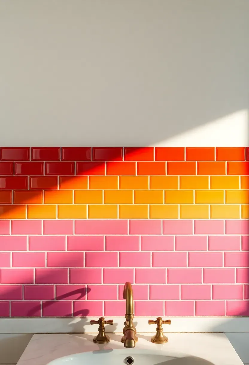 Rainbow tile backsplash behind bathroom vanity with vibrant colors