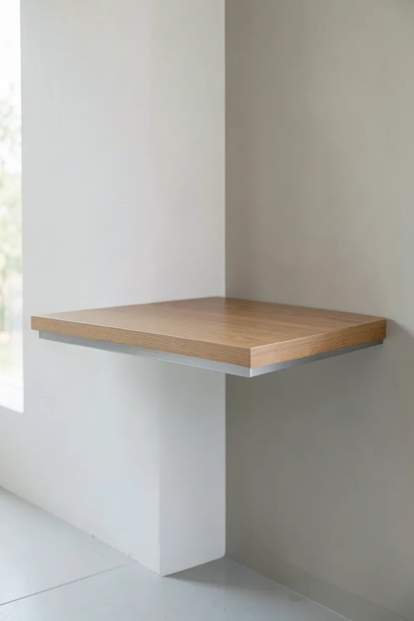 White wall-mounted fold-down desk creating a compact home office in a small Scandinavian rental living room