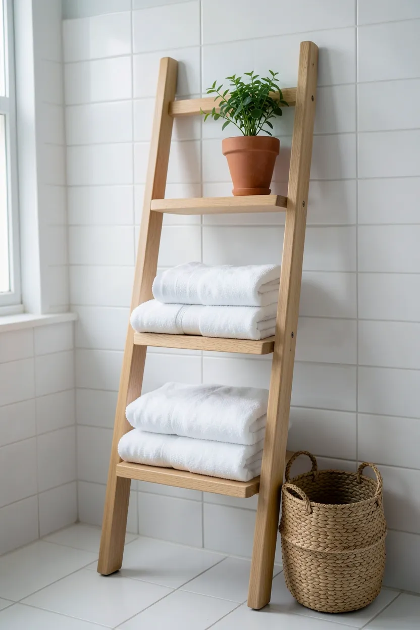 Light oak wooden ladder shelf leaning against white tile wall with folded towels in a compact rental bathroom
