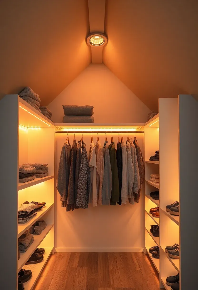 attic closet interior with warm LED strip lighting under shelves and recessed ceiling light illuminating hanging clothes