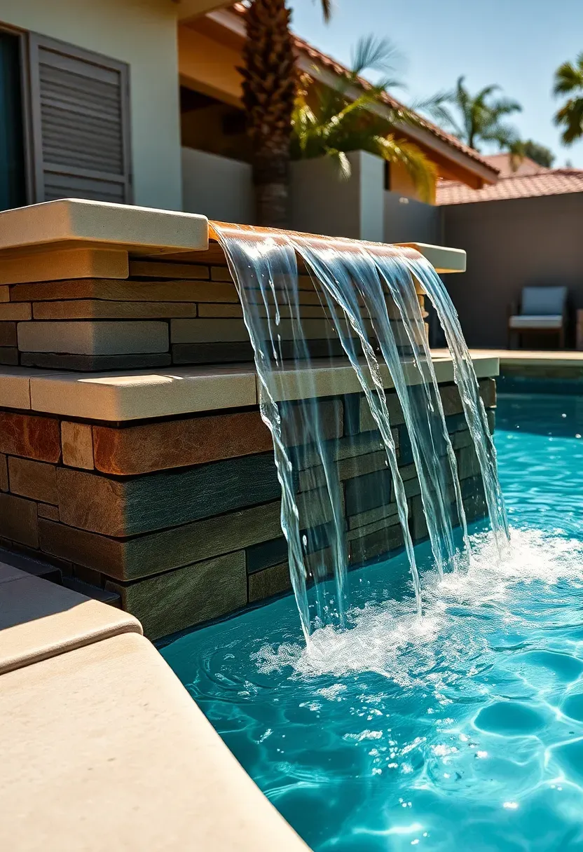 A backyard swimming pool with an elevated hot tub that spills warm water over a stone edge into the main pool below