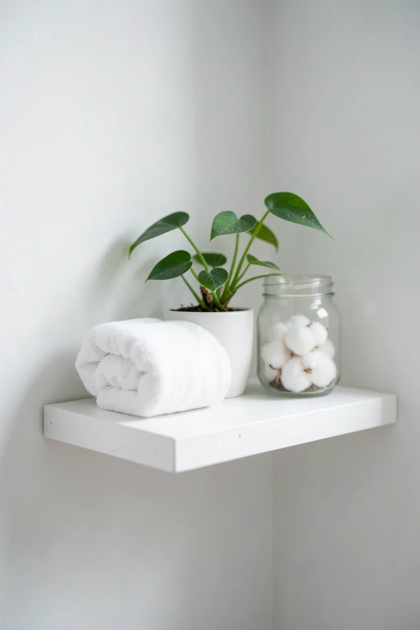 White floating shelf mounted with Command strips on a rental bathroom wall holding rolled towels and toiletries