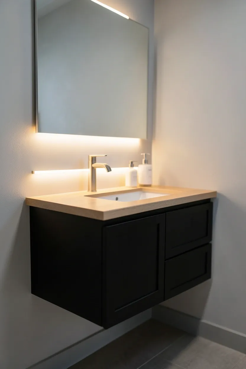 Floating black vanity with warm LED under-cabinet lighting, white quartz countertop, and matte black faucet in a modern bathroom