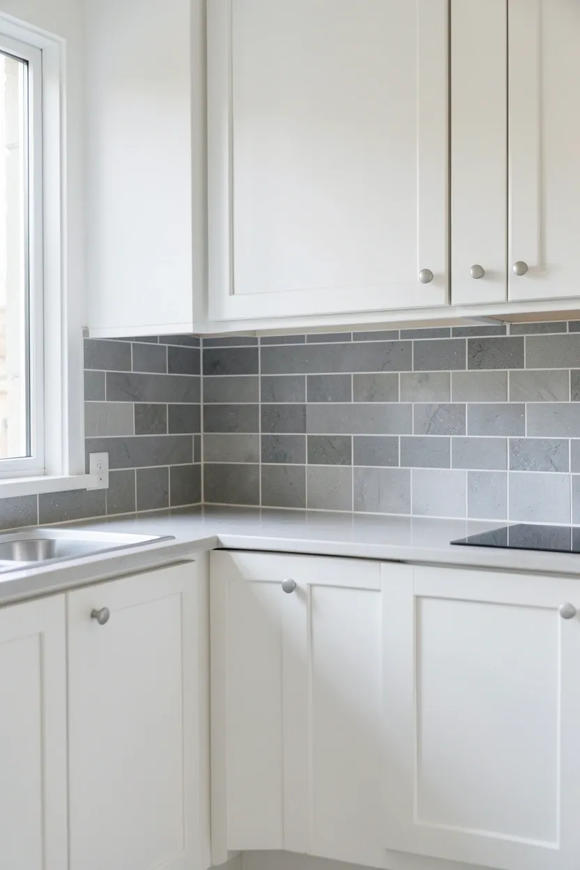 White shaker cabinets with gray subway tile backsplash and dark grout lines in a clean contemporary kitchen