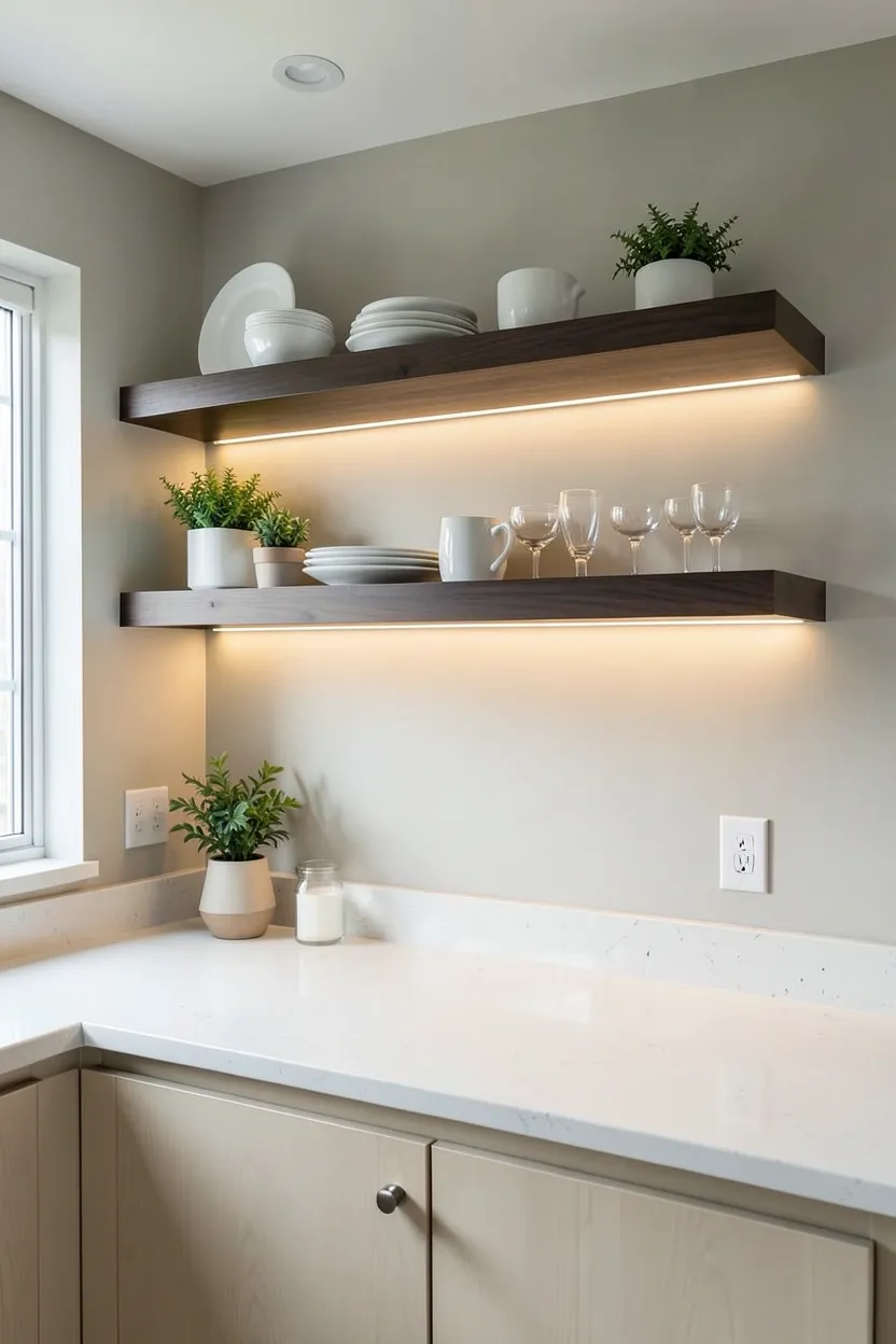 Floating Dark Wood Shelves for Open Storage