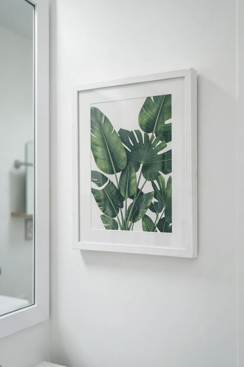 Framed botanical art prints mounted with adhesive strips on a neutral rental bathroom wall — removable gallery wall decor