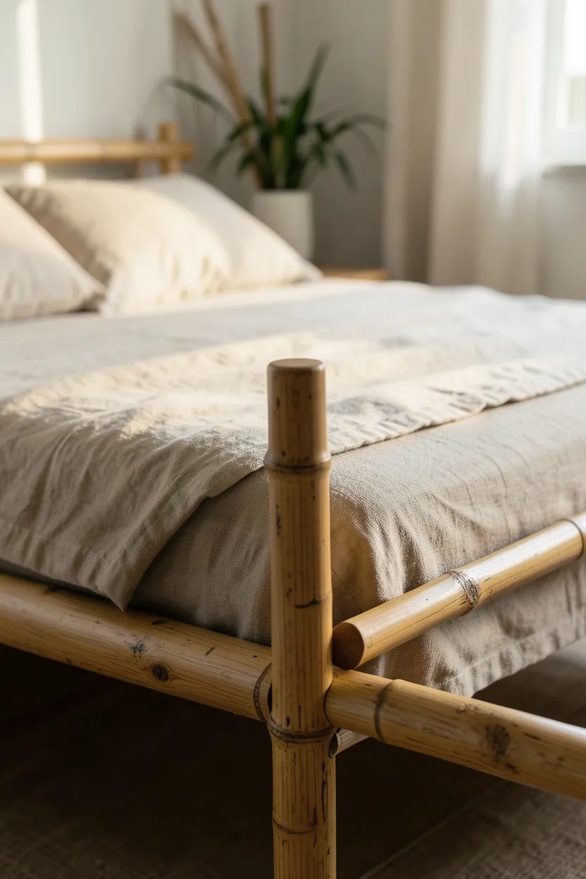 Minimalist bamboo bed frame with natural nodes and warm grain in a renter-friendly wabi sabi bedroom