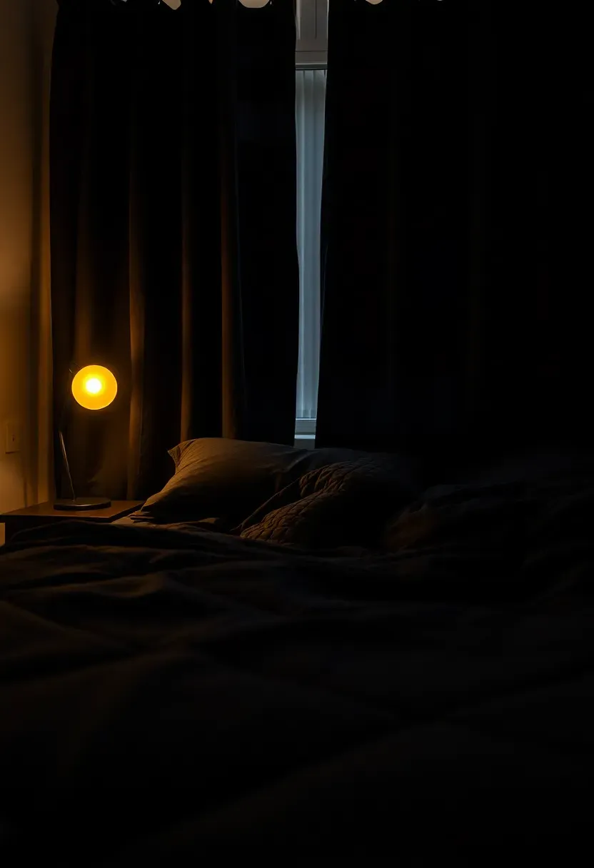 dark dorm bedroom with blackout curtains weighted blanket and soft warm lighting
