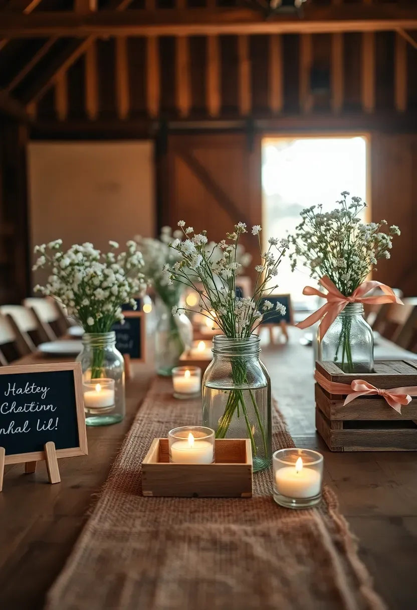 rustic barn baby shower with mason jars burlap accents and wildflowers for a girl