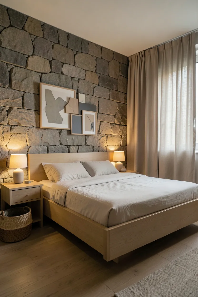 Monochromatic warm beige bedroom with layered linen textures and soft shadow variations in a wabi sabi style