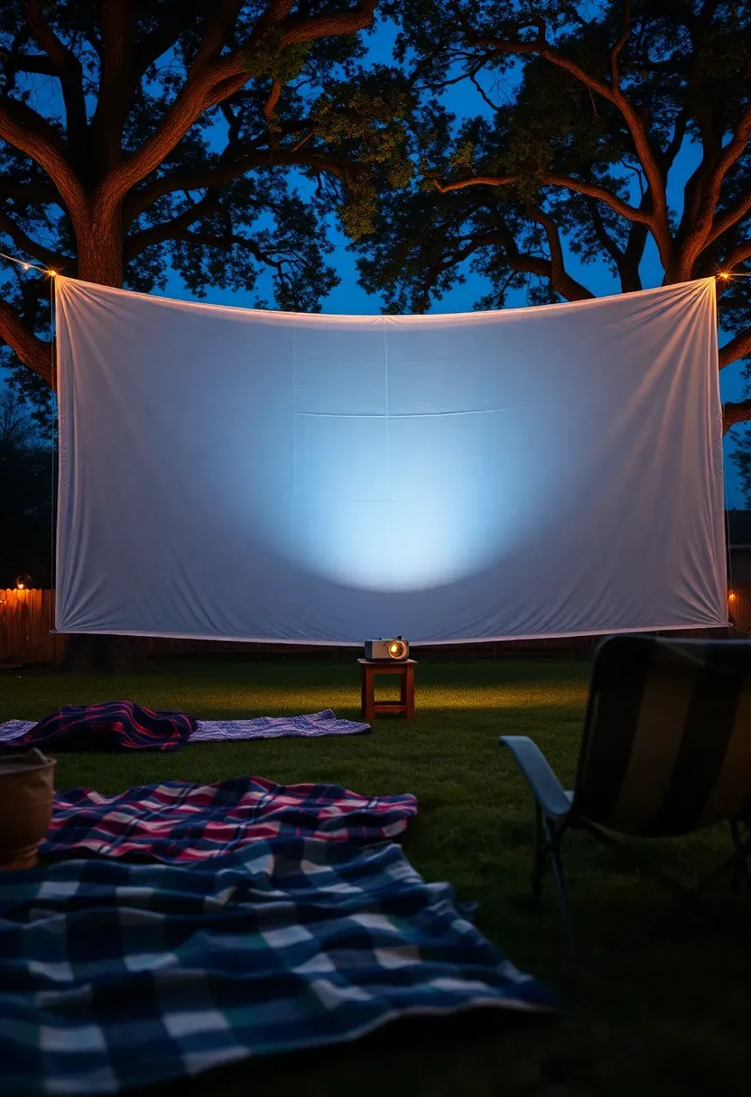 A backyard outdoor movie screening with a white sheet hung between two trees and blankets spread on the grass at dusk
