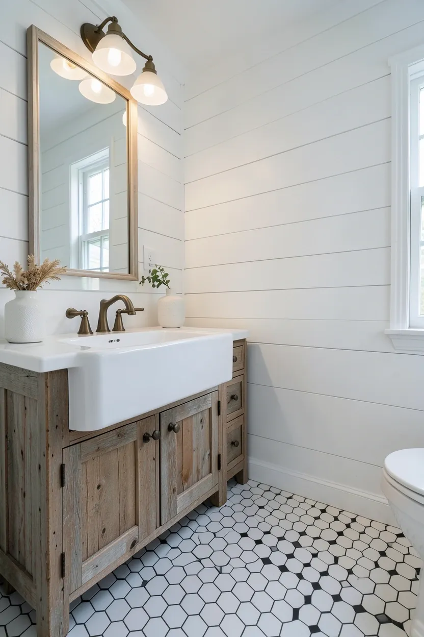 White farmhouse bathroom with painted shiplap walls, reclaimed wood vanity, hexagon floor tiles, and oil-rubbed bronze fixtures