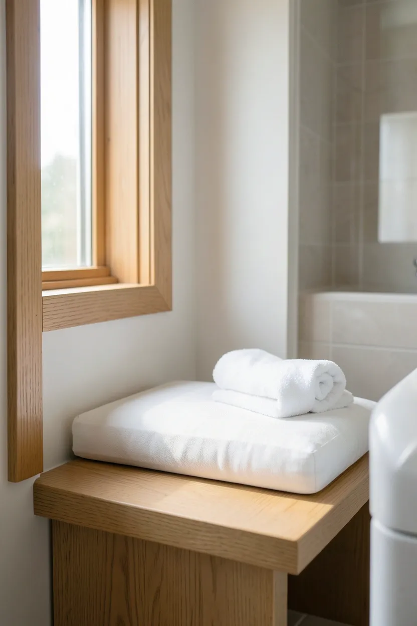 Built-in window seat with under-seat storage in a bright modern bathroom niche with natural light