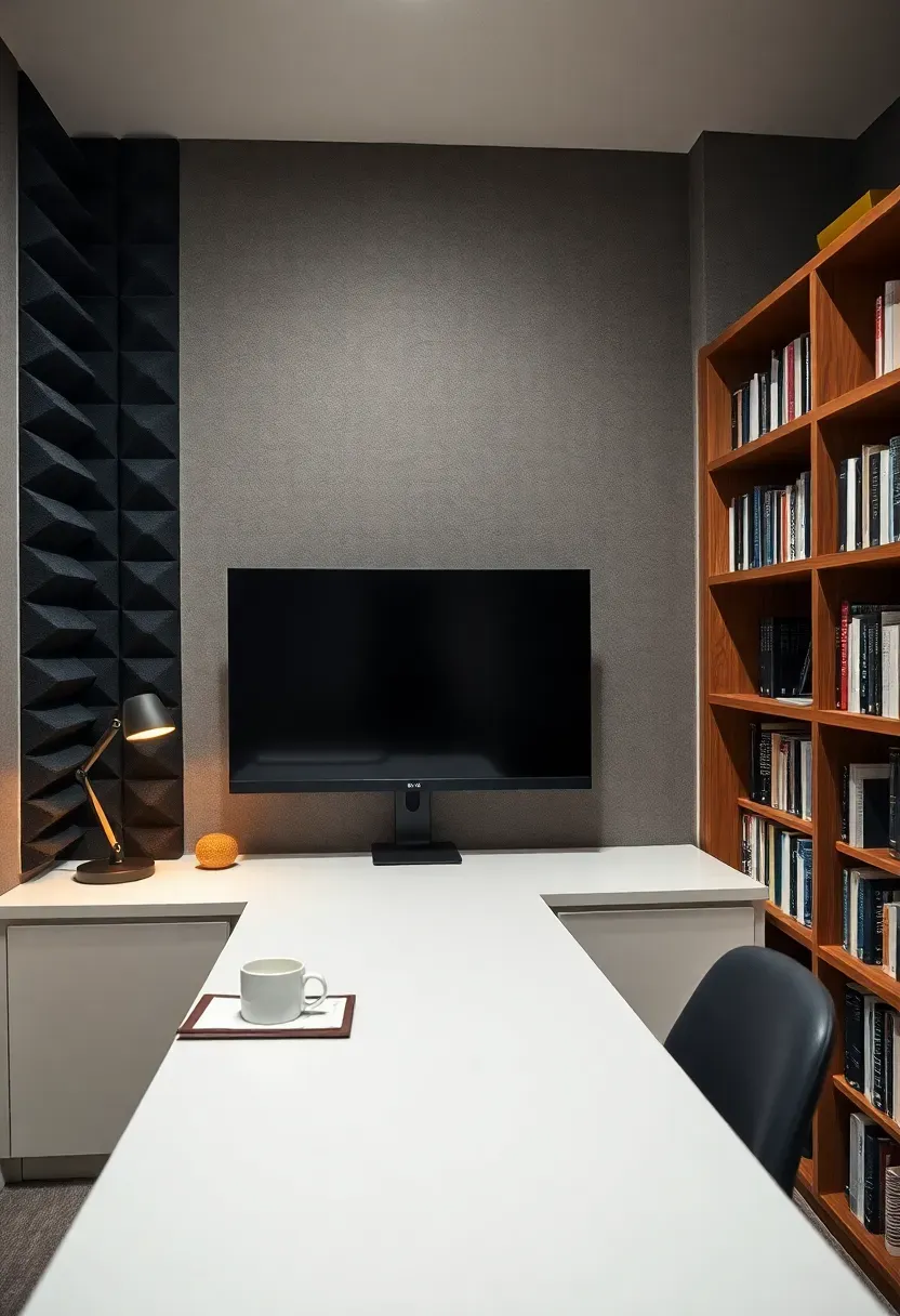 Basement home office with built-in desk, soundproofing panels on walls, bookshelves, and a large monitor setup