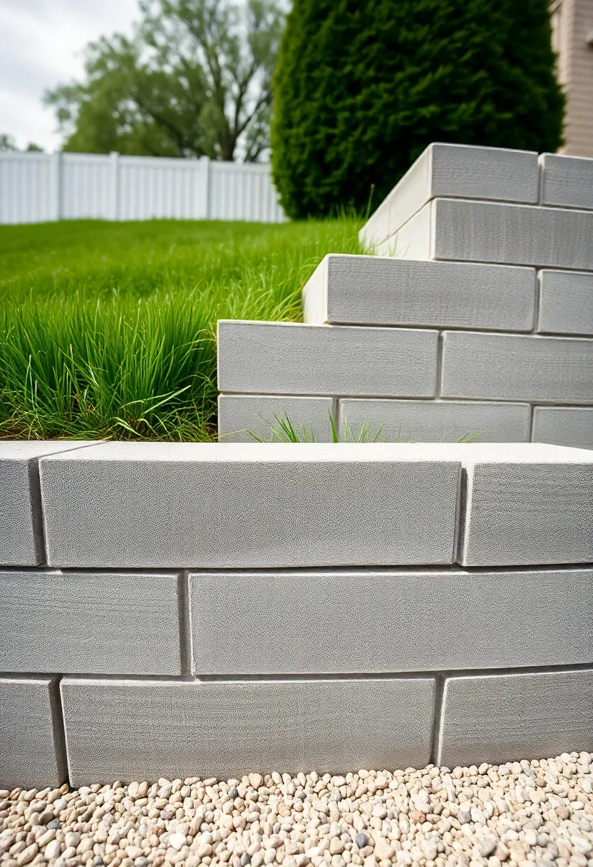 Gray concrete block retaining wall with clean horizontal lines along a backyard slope with green lawn above