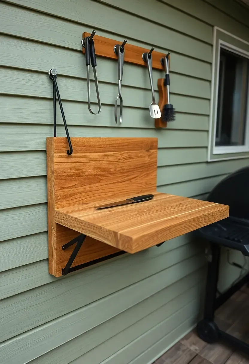 Wall-mounted fold-down wooden prep table in the open position next to a grill against an exterior house wall with mounted tool hooks