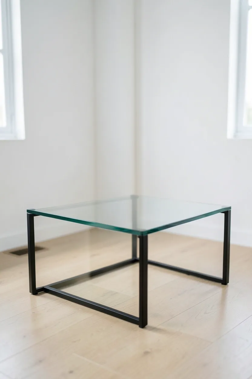 Round clear glass coffee table with minimal metal frame keeping a minimalist living room visually open and light