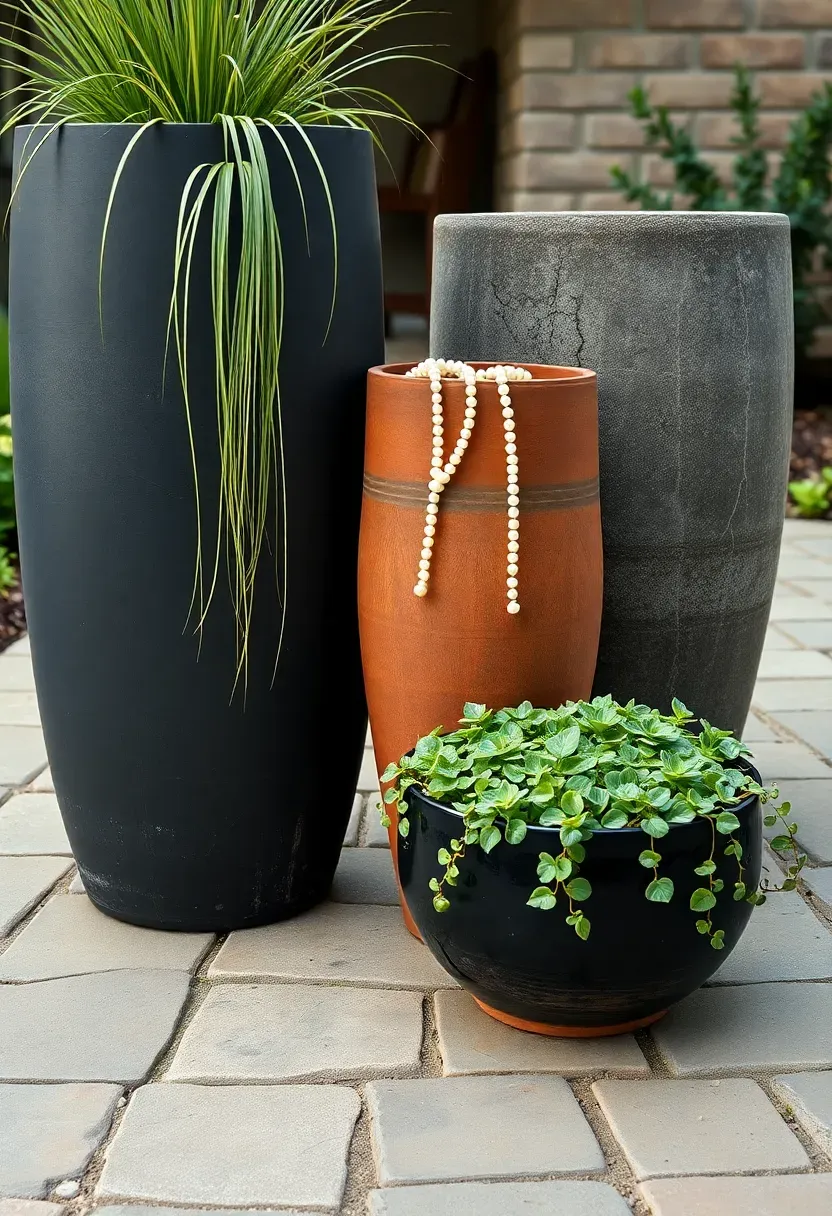 Group of three oversized ceramic planters in matte black and terracotta holding ornamental grasses and trailing succulents on a stone patio
