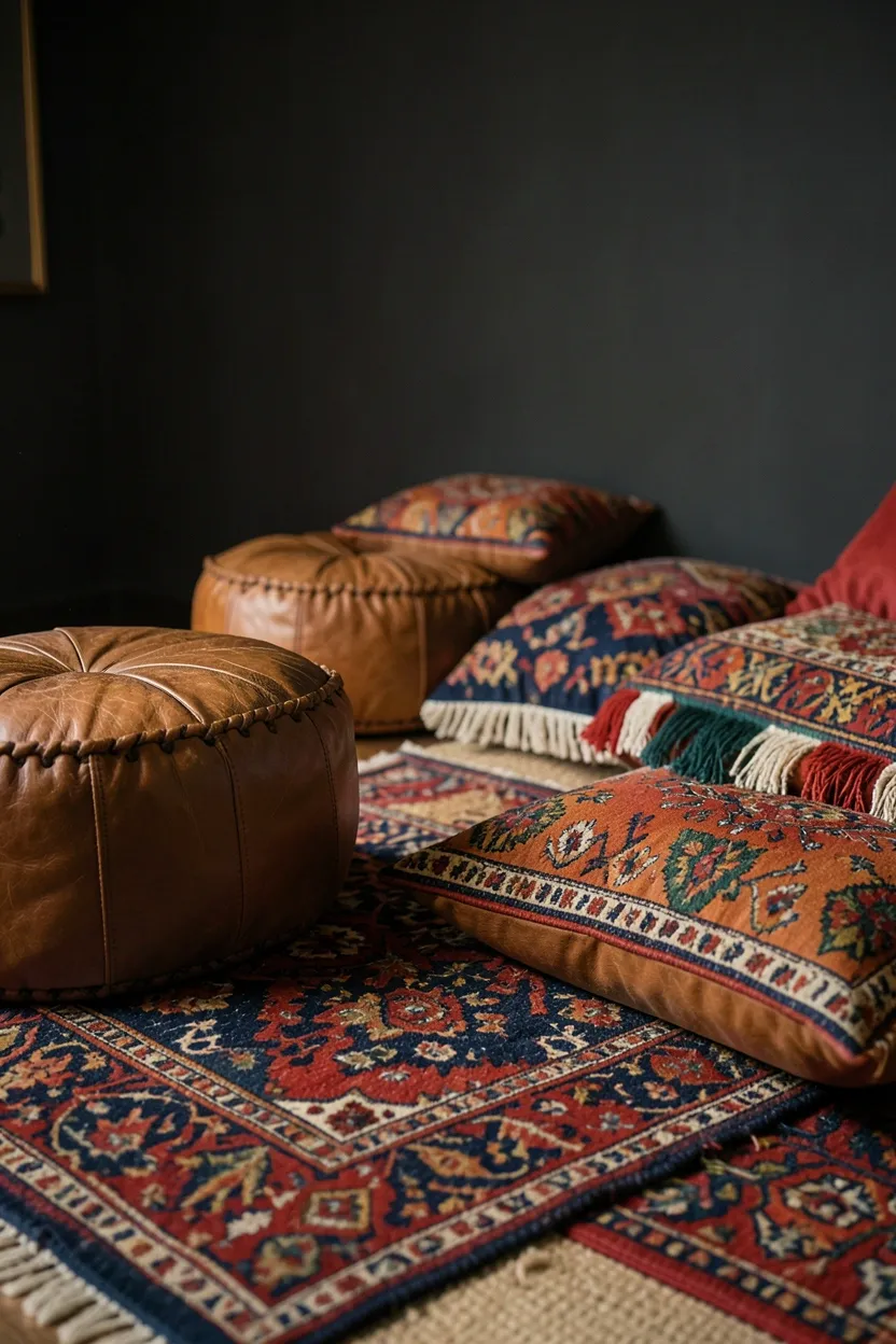 Leather Moroccan poufs and embroidered floor pillows in jewel tones arranged in a dark boho apartment living room