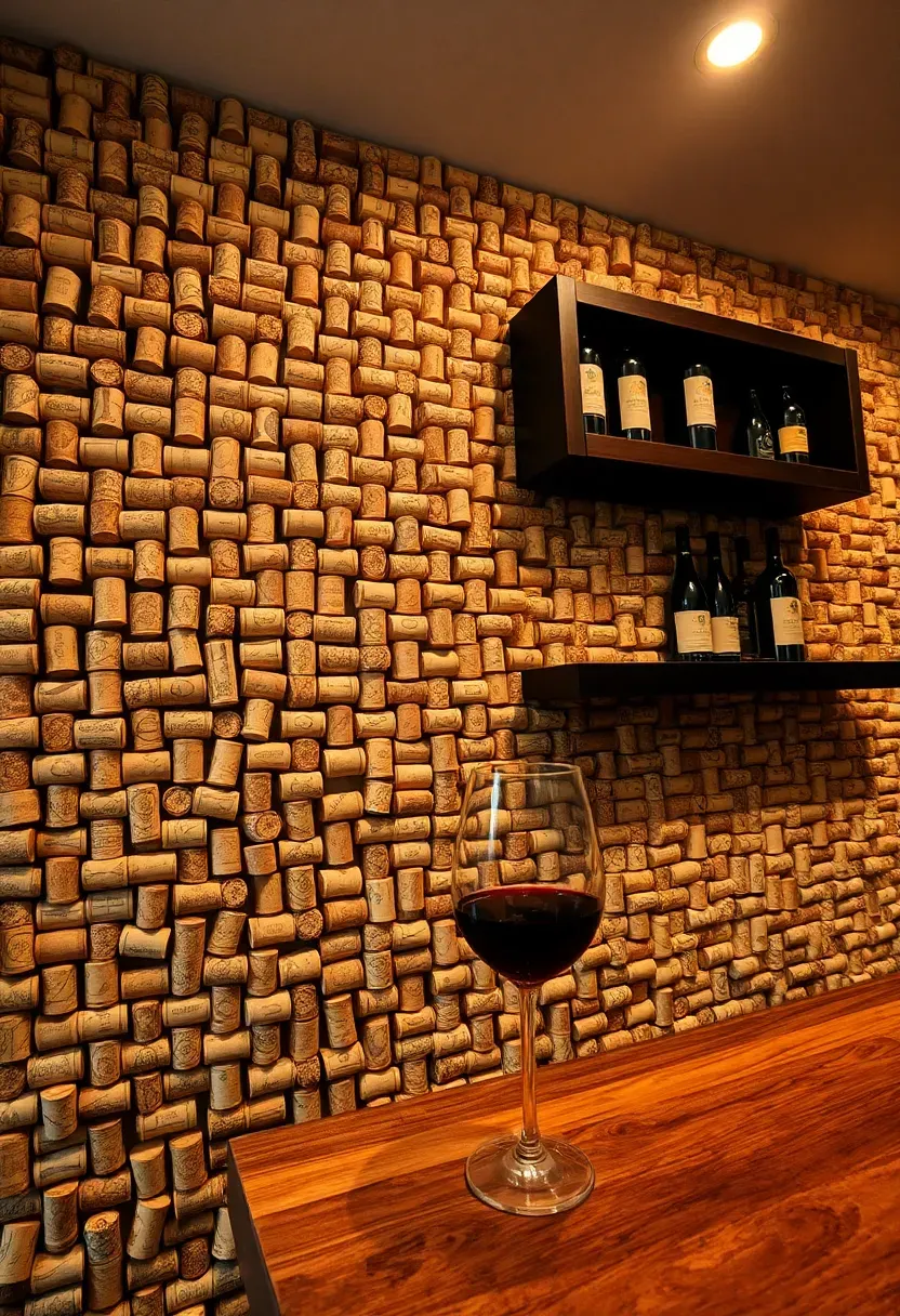 wine cork wall backsplash behind a home wine bar with recessed lighting and wooden shelving