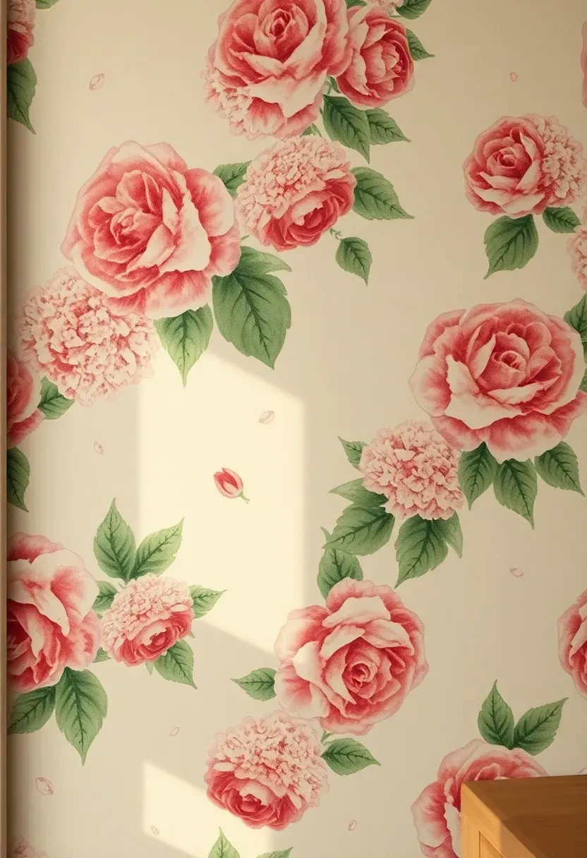 Soft dusty rose and sage green cabbage rose vintage wallpaper on a single accent wall behind open shelving in a romantic shabby chic cottage kitchen breakfast nook